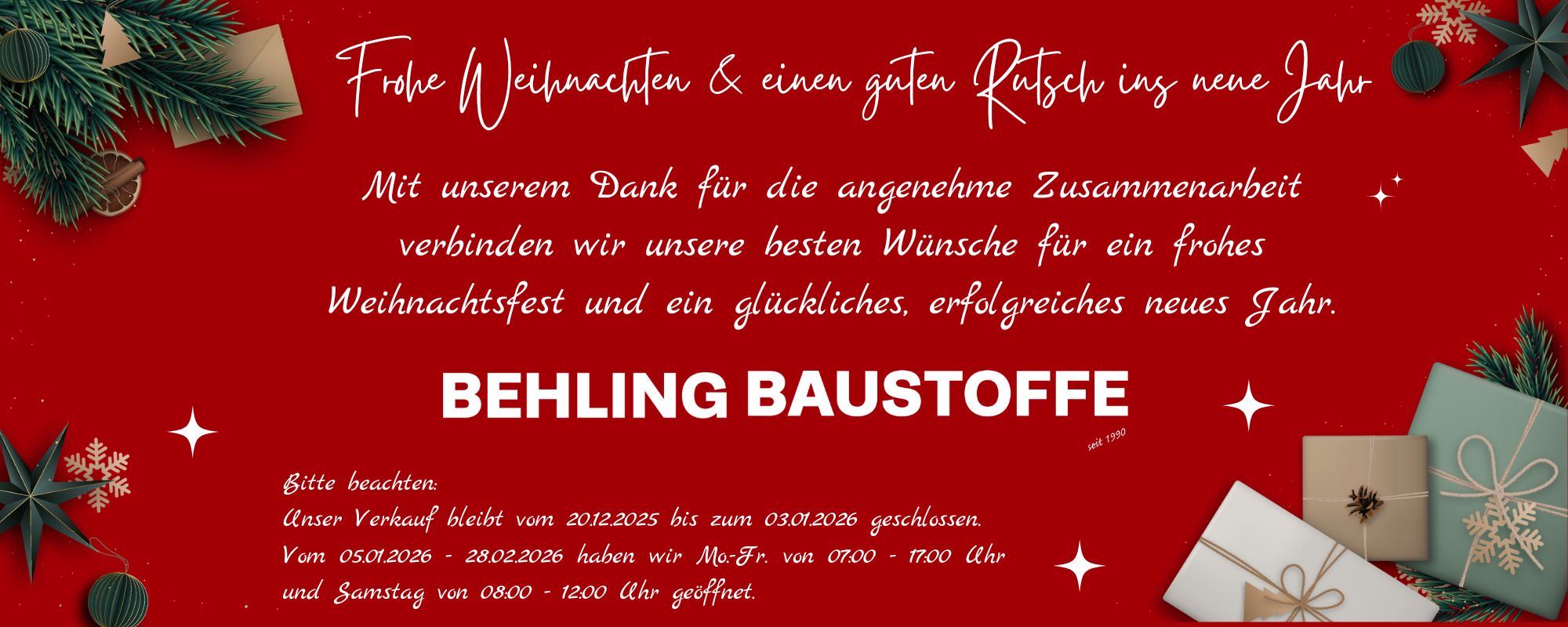 Rote Weihnachtskarte mit Gruß von Behling Baustoffe