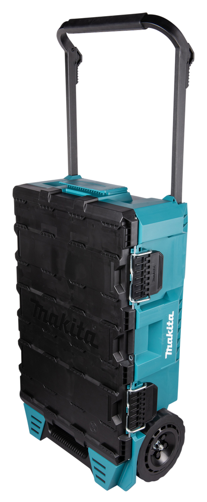 Mobiler Werkzeugtrolley von Makita mit Teleskopgriff Blauer und schwarzer Makita Werkzeugtrolley mit Teleskopgriff und Rädern