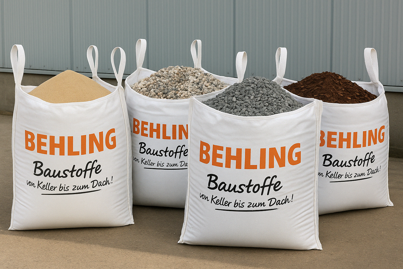 Vier Big Bags mit verschiedenen Baustoffen von Behling: Sand, Kies, Splitt und Rindenmulch, draußen aufgestellt